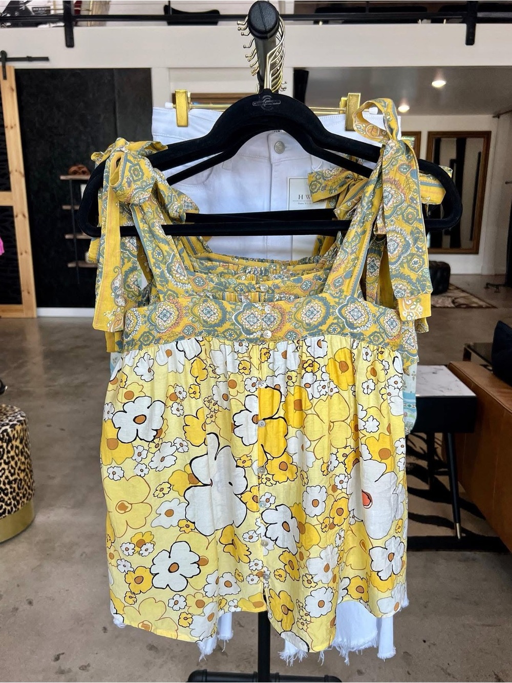 Yellow Floral Tie-Shoulder Smocked Top